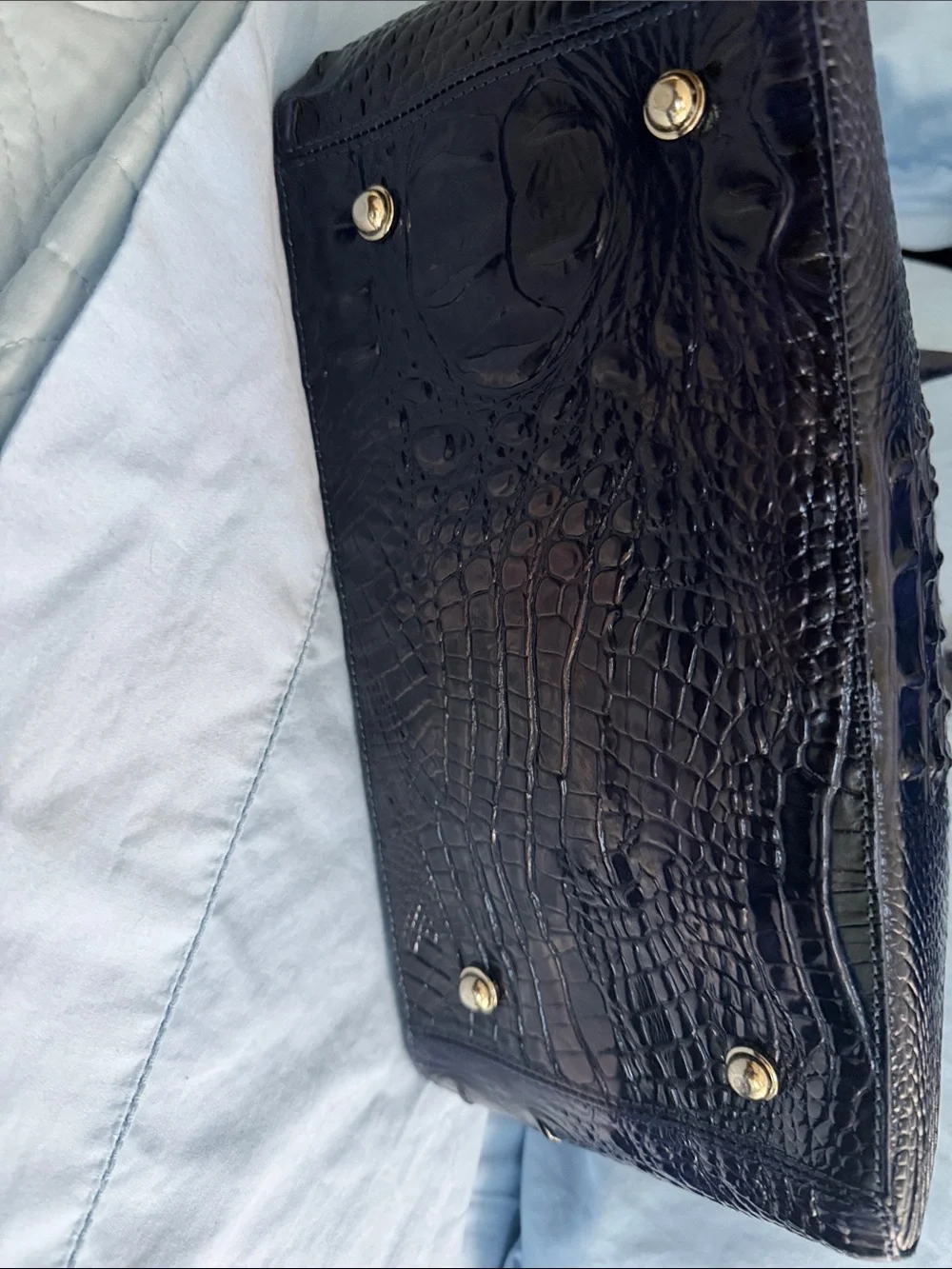 Brahmin Ink Blue Croc-Embossed Satchel with Gold Charm